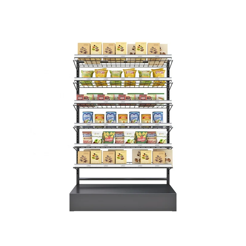 custom.Custom supermarket exotic snack food shop metal frame rack wire 5 tier 6 supports and shelves for storage