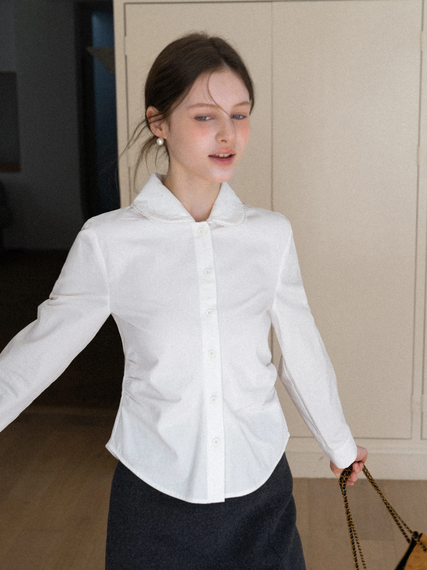 

EGGKA Girls Slim Fit White irt Long Sve Turn-down Collar Waist-cinching oulder-length Polyester Busin Casual Top