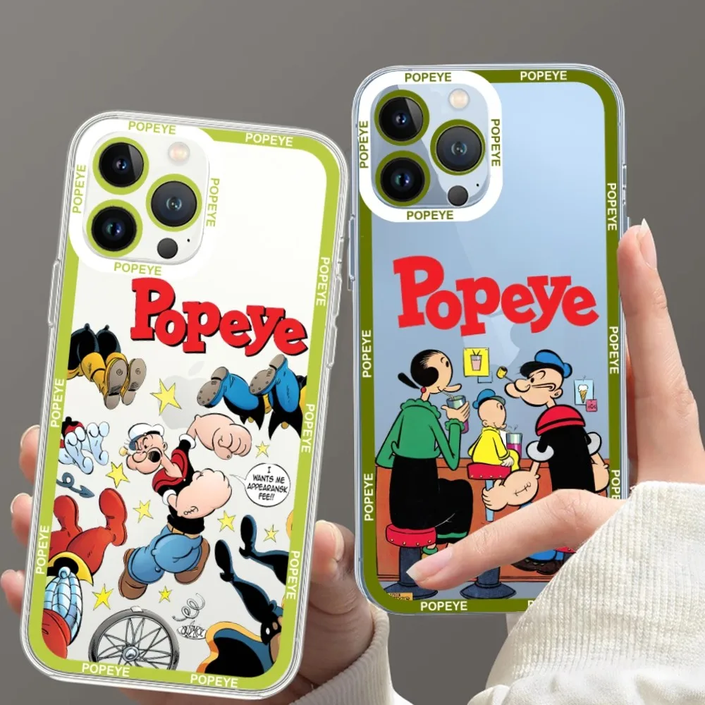 Cute Cartoon P-Popeye Phone Case For iPhone 11 12 Mini 13 14 15 Pro Max Transparent Shell