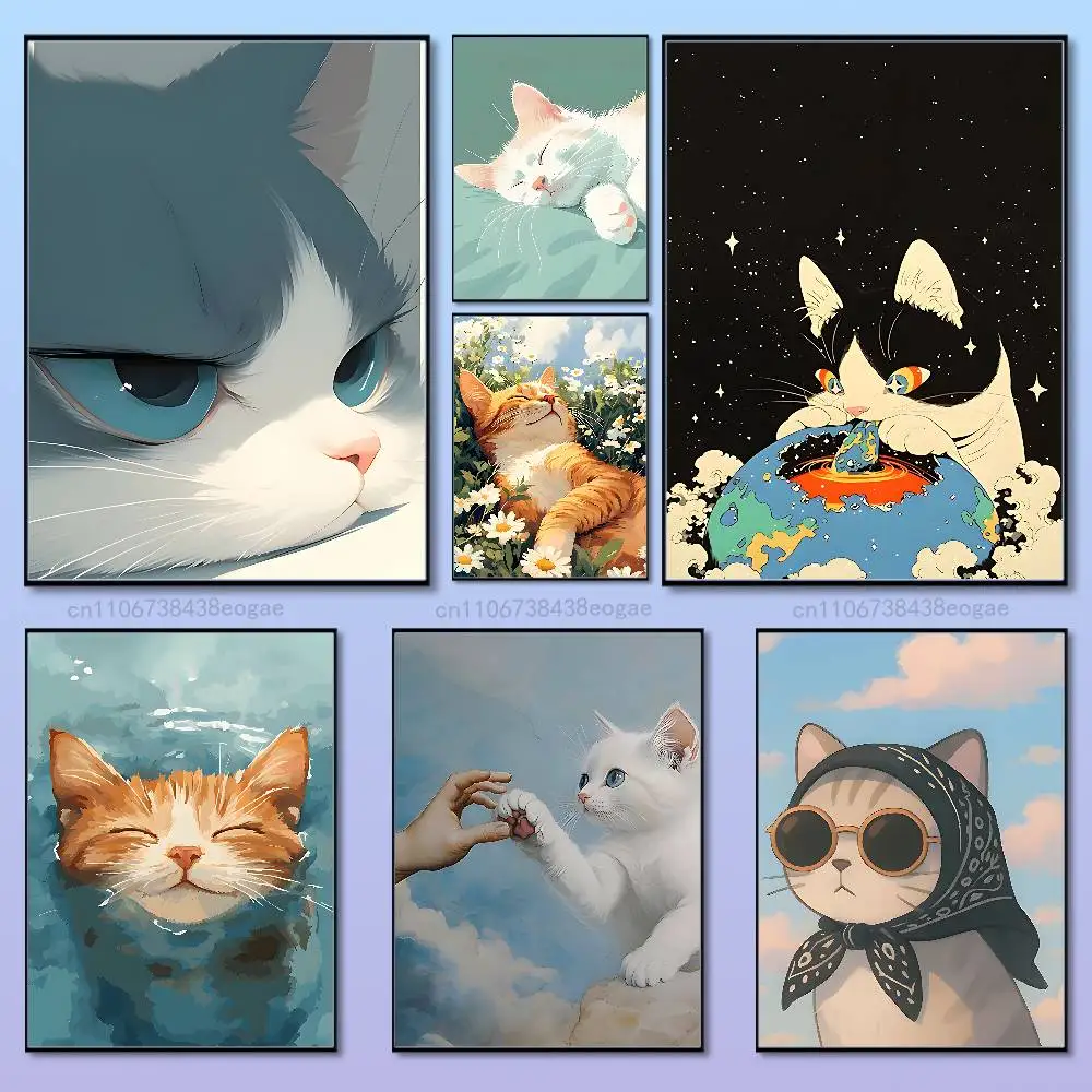

Cute Art Kitten painting Poster HD Art Sticky Wall Aesthetic Decoration Waterproof Film Room Home Bar Cafe Decor
