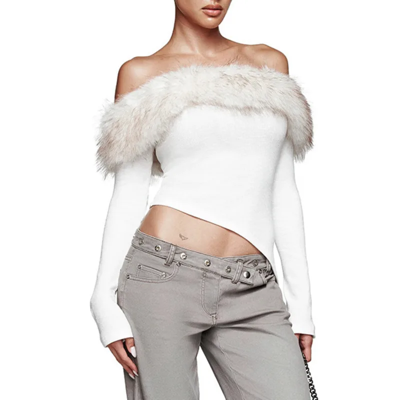 

Пушистый лоскутный асимметричный топ с длинными рукавами и открытыми плечами, осенний женский новый модный белый темпераментный элегантный топ на одно плечо