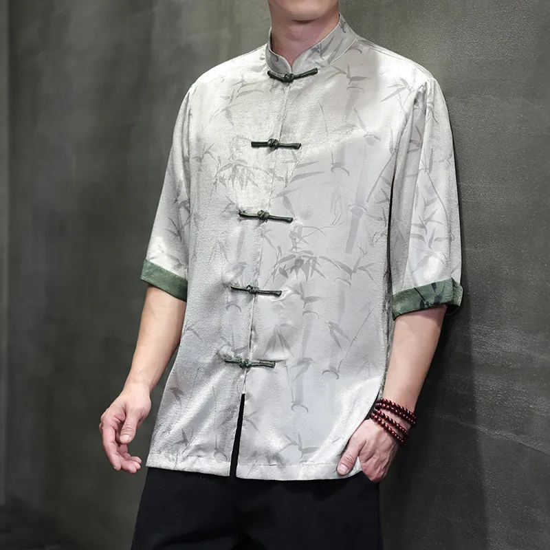 2026 Men's Chinese Style Bamboo Print Ice Silk Tang Suit Hanfu Shirt Short Sleeve Loose Fit Plus Size Lightweight Breathable Top