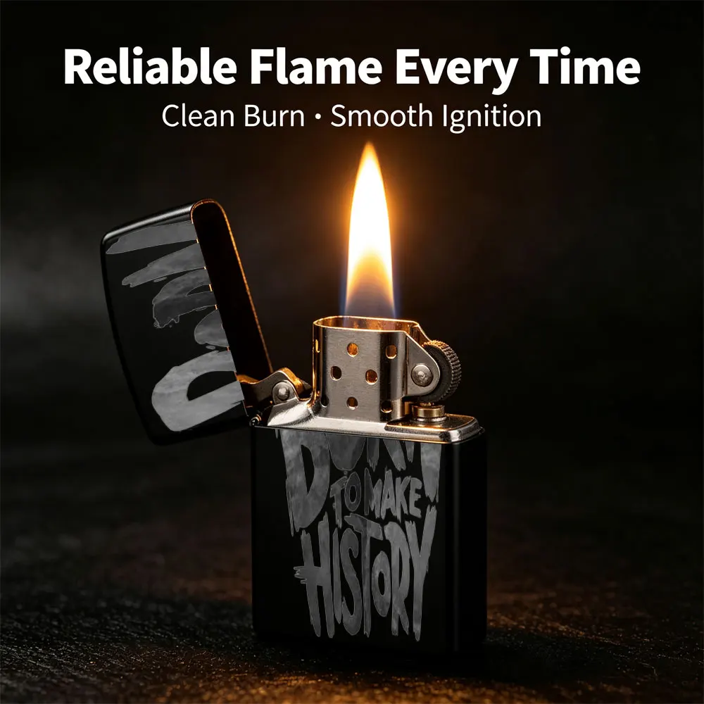 Pocket Lighter, Flip-Top Windproof Design, Metal Case, Black & White Retro Flame Graphic with'Born to Make History' Text, Portable & Durable for Everyday Carry