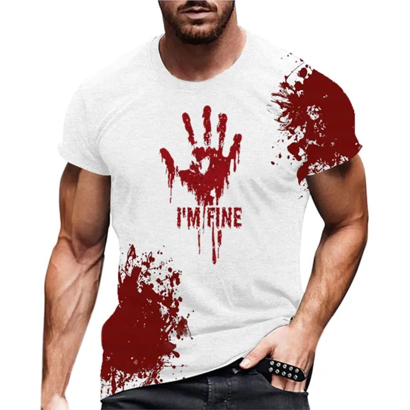 2024 New Funny Men\'s Blood I\'m Fine Halloween Print T-shirt Funny Blood Men\'s Fun Round Neck Casual Short Sleeve