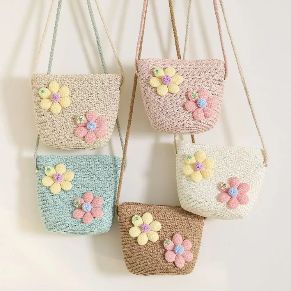 Handmade Woven Girl Flower Straw Bag Coin Purse Zipper Kid Messenger Bags Photo Props Storage Basket Crossbody Handbag