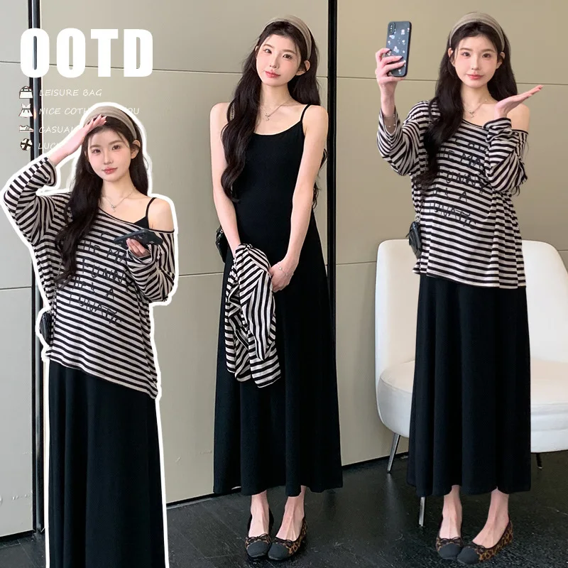 

Maternity Suit Summer Black Spaghetti Strap Dress and Striped Long Sleeve Off Shoulder T Shirt for Pregnant Women 2026