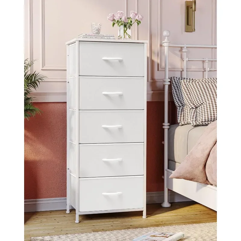 Tall Dresser Vertical Storage Tower - Sturdy Steel Frame, Wood Top, Easy Pull Fabric Bins - Organizer Unit for Bedroom, Hallway