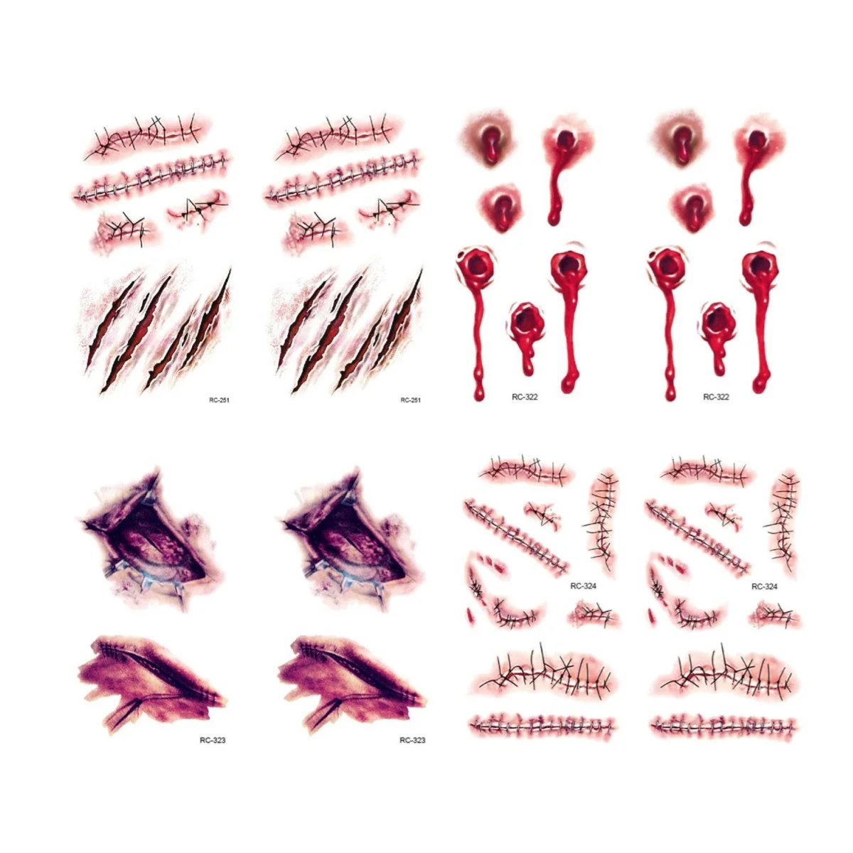 8 feuilles Halloween terreur plaie tatouage temporaire imperméable réaliste sang tatouages blessure cicatrice tatouage autocollants pour visage mains