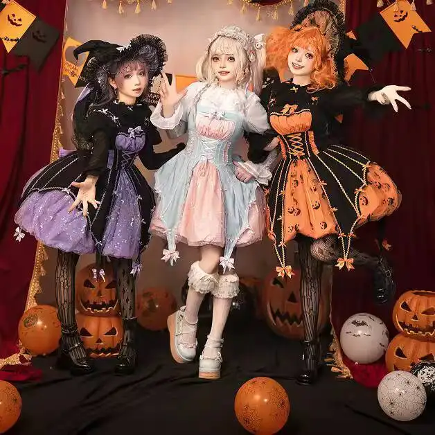 

New Fiesta Carnival Halloween Cos Cosplay Witch Skirt Lolita Black Sweet Wind Dress Pumpkin Color Purple Pink Blue