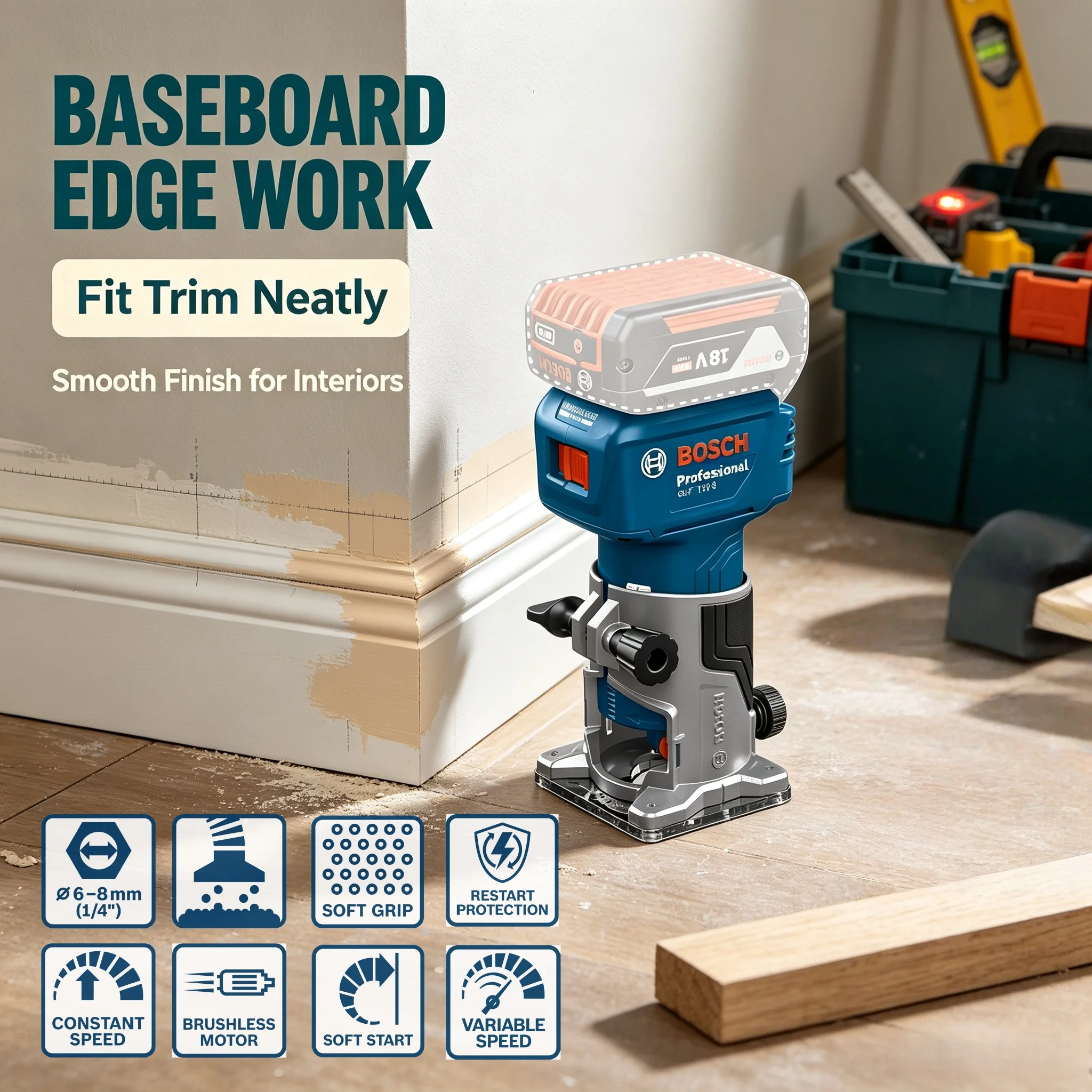 Bosch GLF18V-8 18V Brushless Cordless Wood Edge Trimmer, Precise Edge Milling For Furniture Processing, Bare Tool Only