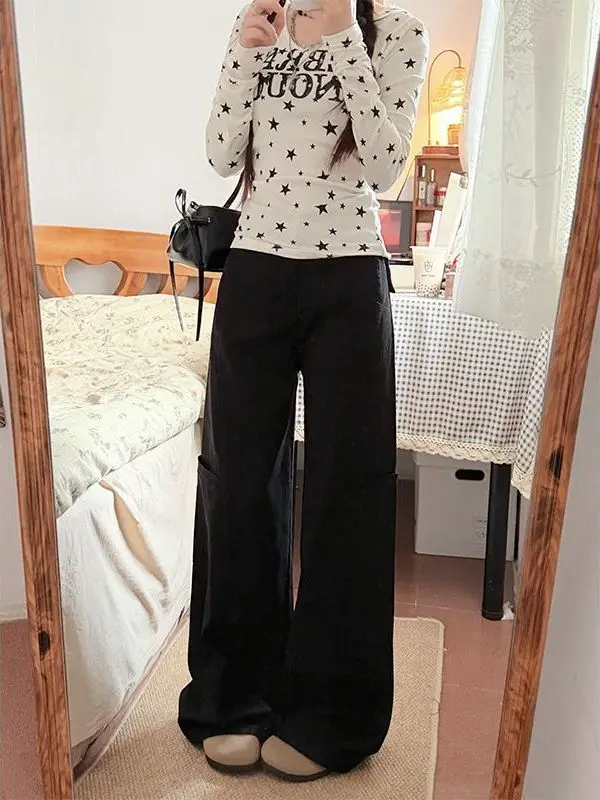 

American Style Loose Wide Leg Workwear Jeans Women's Small Size High Waist Slimming Design Casual Loose Long Pants