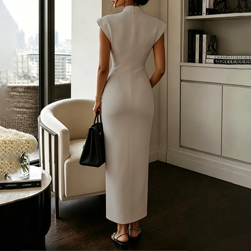 BKLD Women's Commuting Evening Party Elegant Gowns Solid Stand Collar V-neck Sleeveless Sheath Maxi Dresses Temperament Clothing
