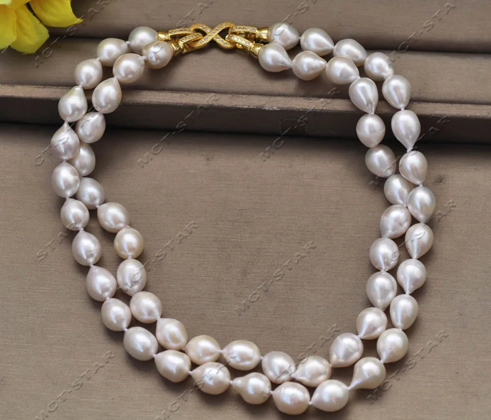 MTC·STAR 17Inch 2-Row White Teardrop Rice Freshwater Pearl Necklace with CZ 14mm Customizable Jewelry (Z13168)