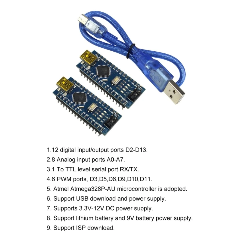 แผงวงจรนาโน .0 ใหม่ 2 ชิ้นพร้อมการเชื่อมต่อ USB ขนาดเล็กสำหรับโครงการการเขียนโปรแกรม