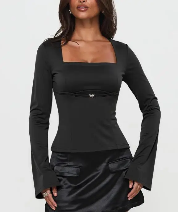 top women 2026 spring new black square neck M-shaped metal buckle design micro trumpet long sleeved slim fit daily casual top