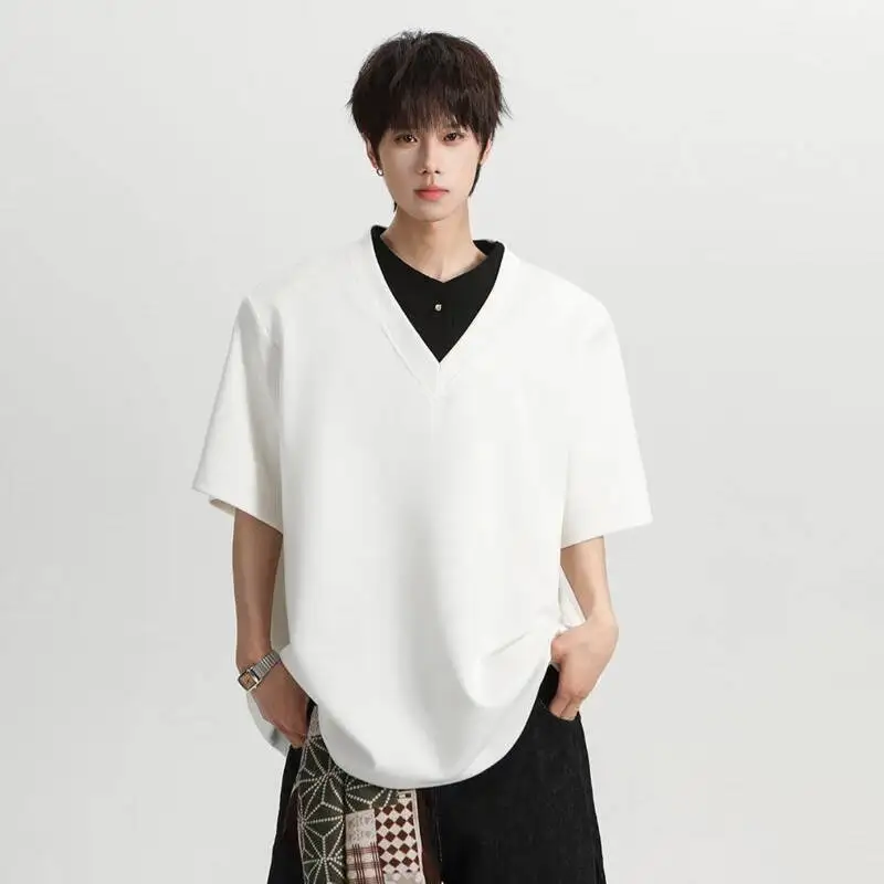 LUZHEN Summer Original Color Contrast Fake Two Piece 2026 Design V-neck T-shirts Men's Fashion Handsome Shoulder Pad Tops JY8149
