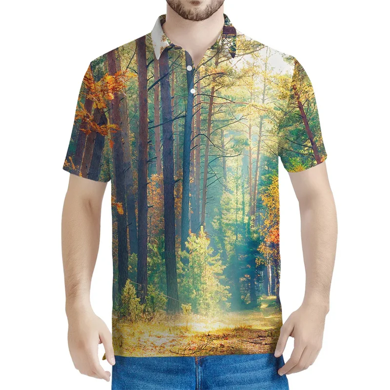 Autumn Forest 3D Printed Polo Shirt For Men Landscape Pattern Short Sleeves Summer Street Lapel T-shirt Button Loose Tee Shirts