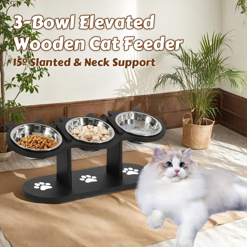 

3-Bowl Elevated Cat Bowl – Natural Wood Cat Feeder Stand with 15° Slanted Bowls with Neck Support & Anti-Spill Pet Supplies
