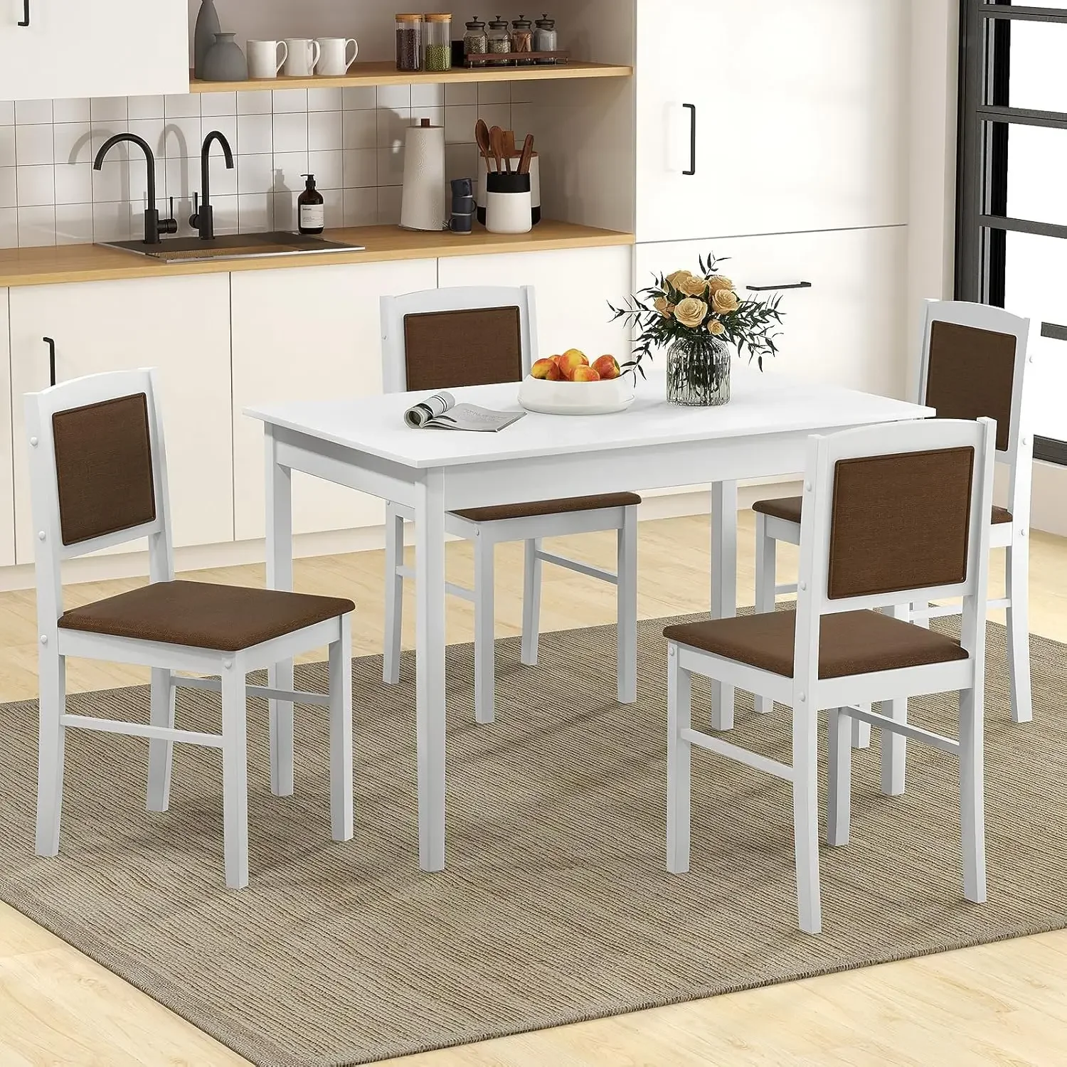 Piece Dining Table Set for 4, Rectangular Kitchen Table & 4 Chairs with Solid Wood Legs, Padded Seat & Backrest, Upholstered Din