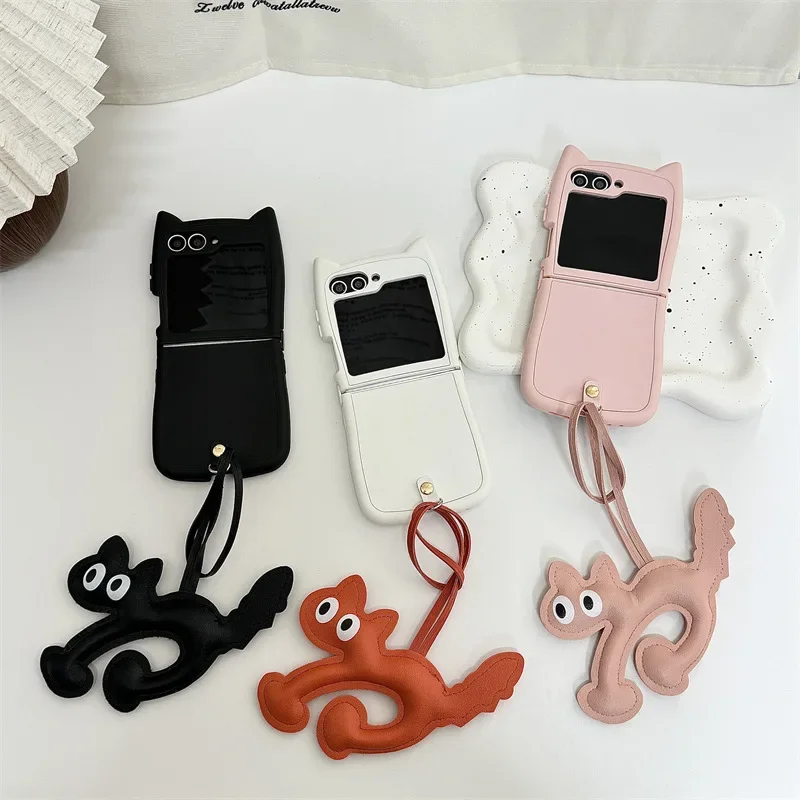 Casing ponsel liontin kulit PU kartun untuk Samsung Galaxy Z Flip 6 5 4 3 penutup belakang pelindung untuk ZFlip4 ZFlip5 ZFlip6 casing