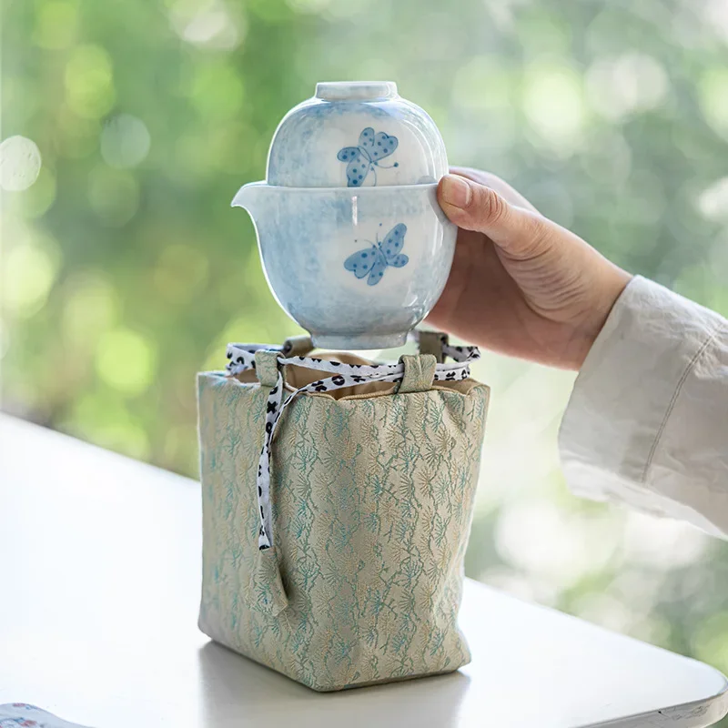 Hand-painted Butterfly Love Flower Travel Picnic Tea Set Portable Express Cup Outdoor Ceramic TeaSet 1 Pot 2 Cups Kung Fu TeaSet