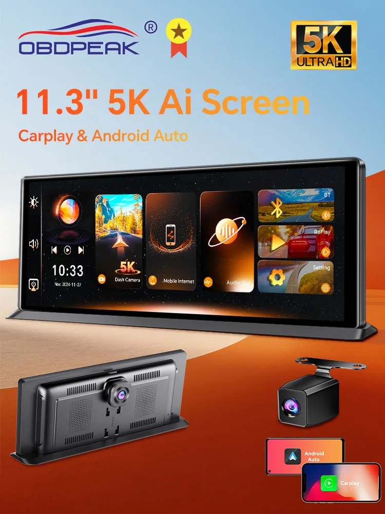 K8 Pro 11,3 "Touchscreen autocamera 5K Dash Cam GPS 5G WiFi Draadloos CarPlay & Android Auto Loop-opname GPS-navigatie DVR - afbeelding 2