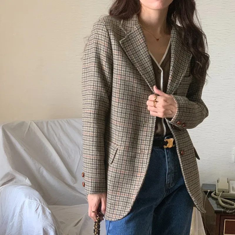 Women's Autumn and Winter Casual Blazer Jacket Retro Houndstooth Lapel Single-breasted Wool Coat Top