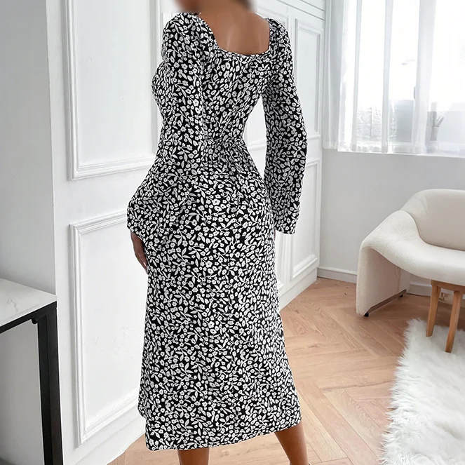 

Dresses Women Autumn New Style Fashion Women's Temperament Elegant Retro Square Neck Waist Hip Wrap Black & White Floral Dress