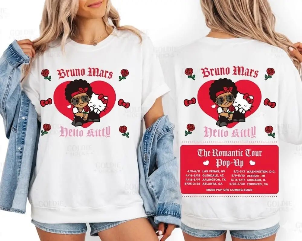 2026 Sanrio Hello Kitty Bruno Mars Summer Men's and Women's Pure Cotton T-shirt Comfortable, Breathable, High Quality Ins Y2k
