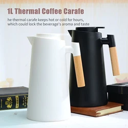 1L Thermal Coffee Carafe Double Walled Vacuum Coffee Pot Thermos Pot With Wood Handle Kettle Insulated Carafe Keeping Hot Cold