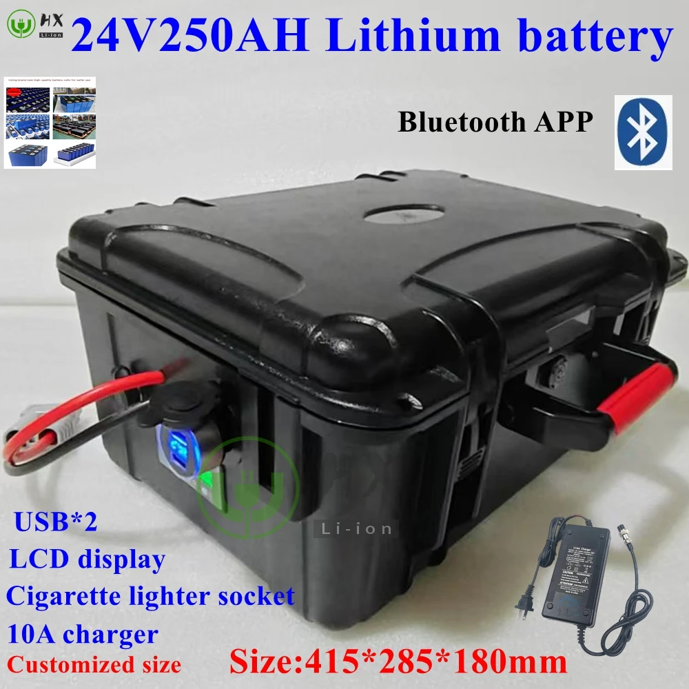 Batterie au lithium-ion avec BMS, 24V, 250Ah, stockage d'énergie, Yachts de loisirs marins, automobiles, camping-cars, charger.