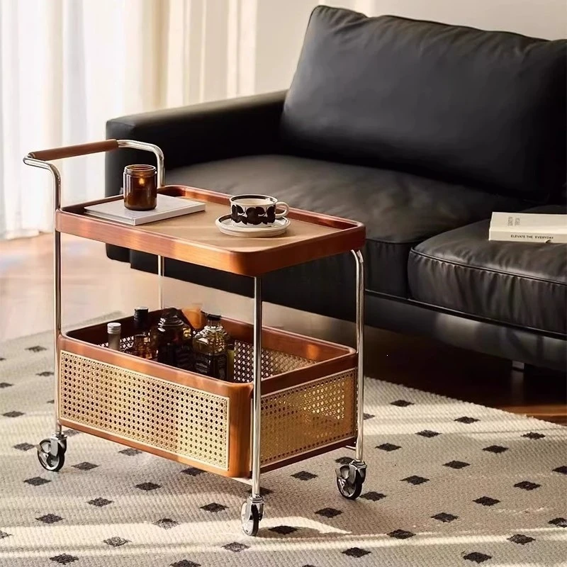 Side few trolley solid wood rattan living room mobile storage rack double layer with wheels dining side cabinet household