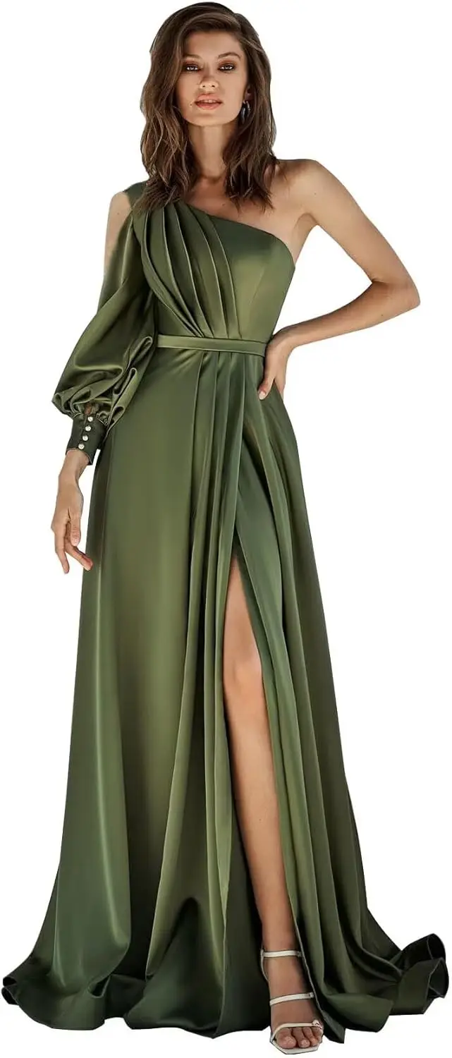 

One Shoulder Long Sleeve Satin Prom Dresses with Slit Ball Gown Formal Gowns Prom Dresses Cocktail Dresses