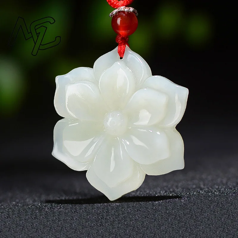 Natural Chinese White Jade Pentagonal  Flower Pendant Hand-carved Ladies Necklace Fashion Luxury Jewelry Girlfriend Mom Gift view 6