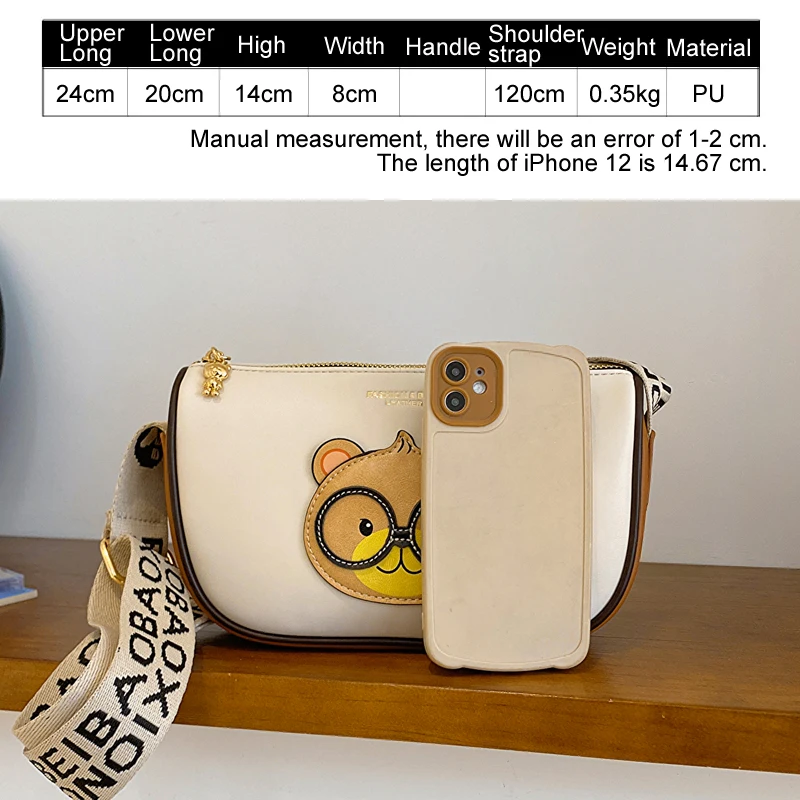 Casual crossbody bags for women Thick shoulder strap cute bear pattern women shoulder bag stylish and playful women purse Girl