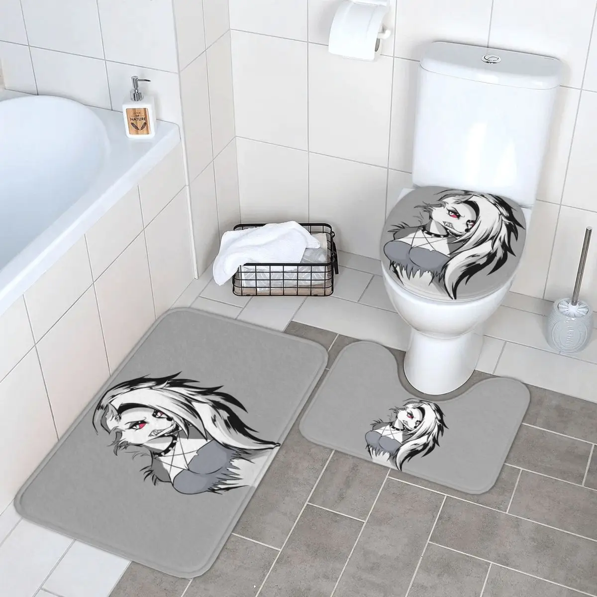 

Helluva Boss Loona, 3-х предметный коврик для ванной, набор для ванной комнаты, крышка для унитаза, домашний декор, нескользящий ковер, напольный коврик