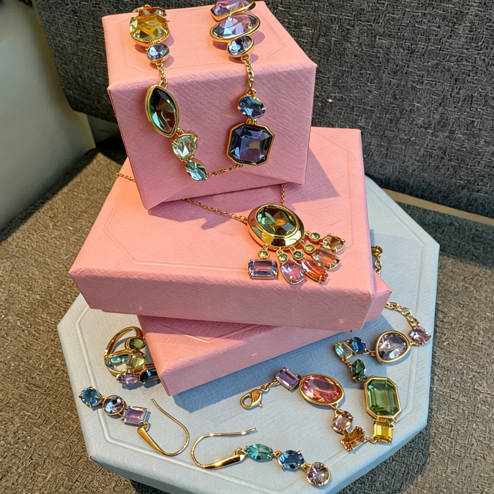 

2026 New High Quality Fine Anniversary Jewelry Sets Charm Green Candy Color Geometric Crystal Luxury Necklace Earrings for Women