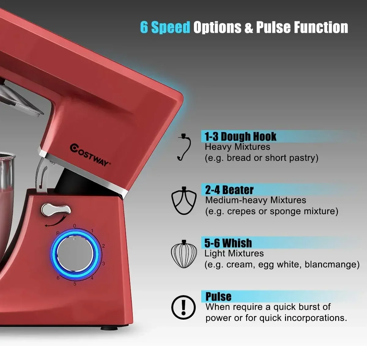 Настольный миксер COSTWAY, 6-скоростной электрический кухонный миксер с наклонной головкой 7,5 QT, 660 Вт, чаша из нержавеющей стали, крючок для теста, венчик, венчик