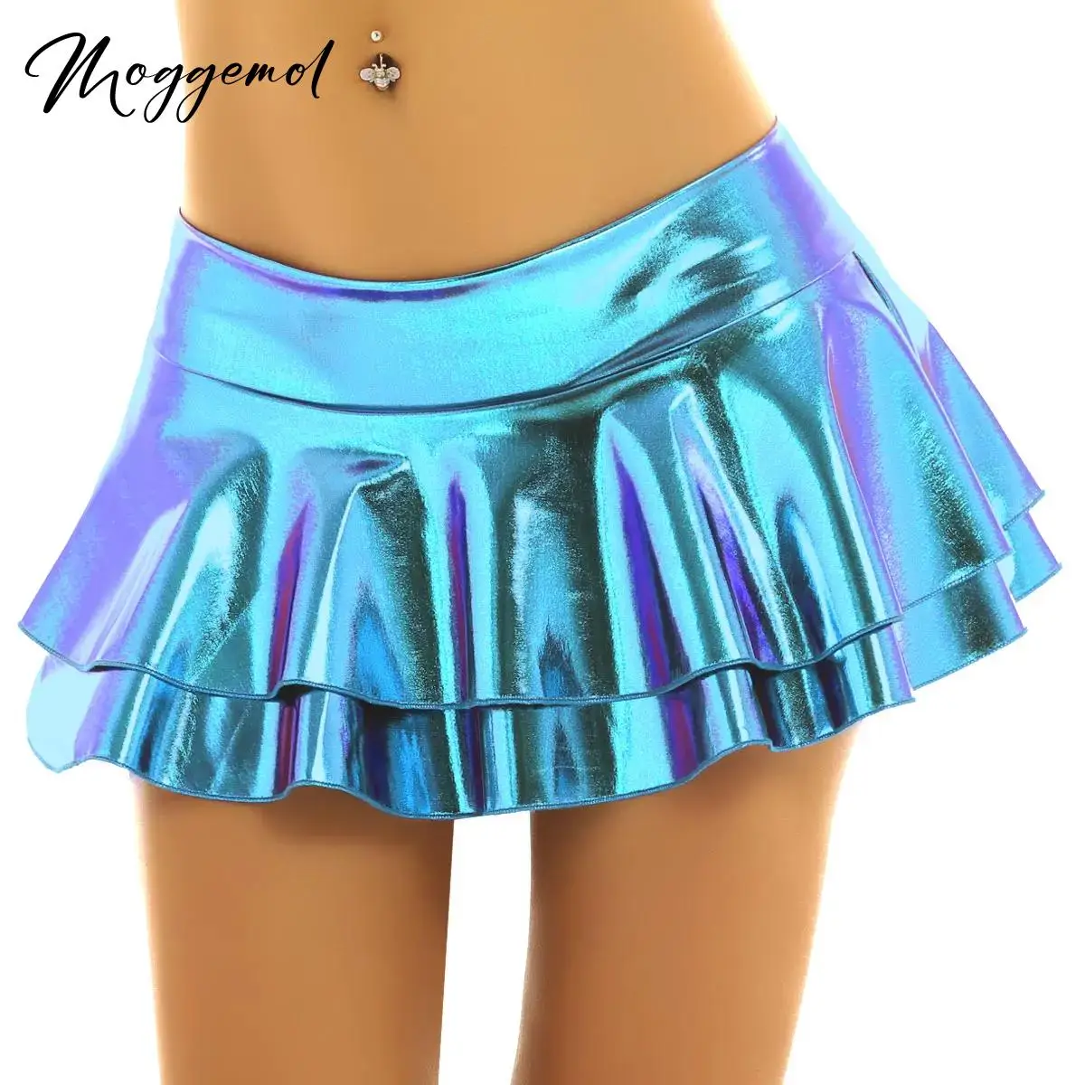 Womens Shiny Metallic Low Rise Double Layered Ruffled Mini Skirt Festival Nightclub Raves Party Pole Dance Leotard Skirt Costume