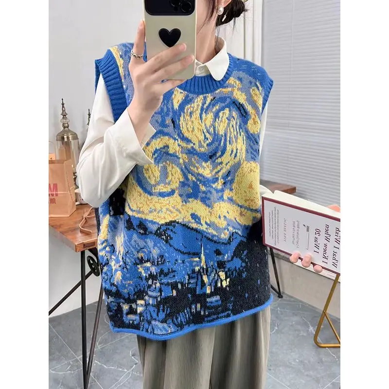 Gogh oil painting autumn and winter new niche design sense knitted sweater vest sleeveless pullover sweater vest ins jacket
