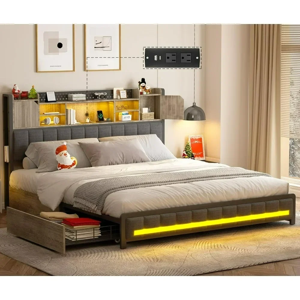 Marco de cama tamaño queen, con 4 cajones de almacenamiento y cabecera de estantería, cama LED tapizada con estación de carga USB y tipo C, cama