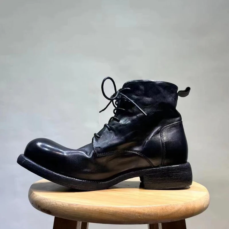 Vintage Man Leather Boot Desinger Men Ankle Boots Handmade Male Chunky Shoes