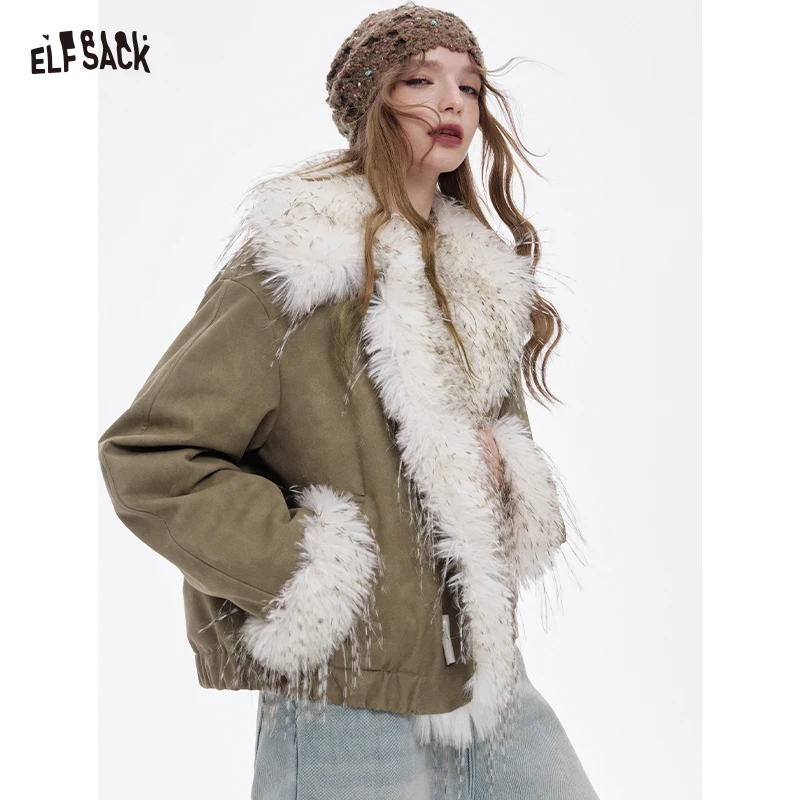 ELFSACK 2025 الشتاء الوافدين الجدد Y2K الصلبة أفخم بطانة هامش تبديل زر معطف للنساء