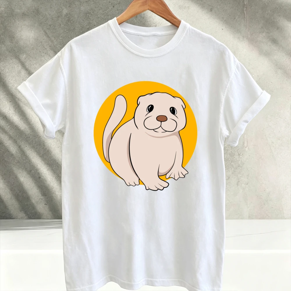 Cute Cartoon Otter Yellow Circle Graphic T‑Shirt Short Sleeve Tees Sweet Kawaii Sea Otter Animal Print Soft Cotton Casual Tops