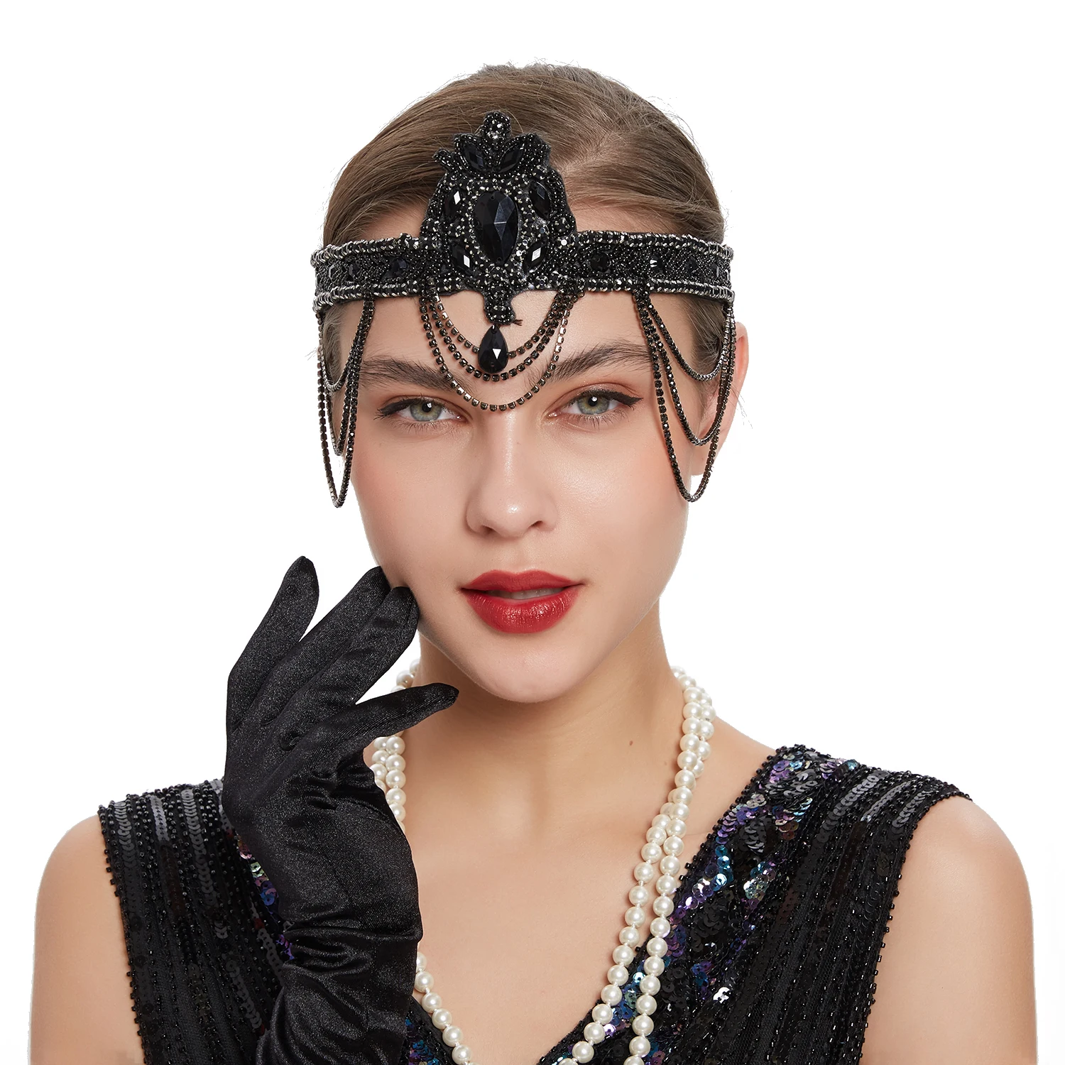 黒髪ヘアバンドヘアアクセサリーファッションレトロファシネーターテーマパーティー-ラインストーンクリスタルヘッドバンド-レディース