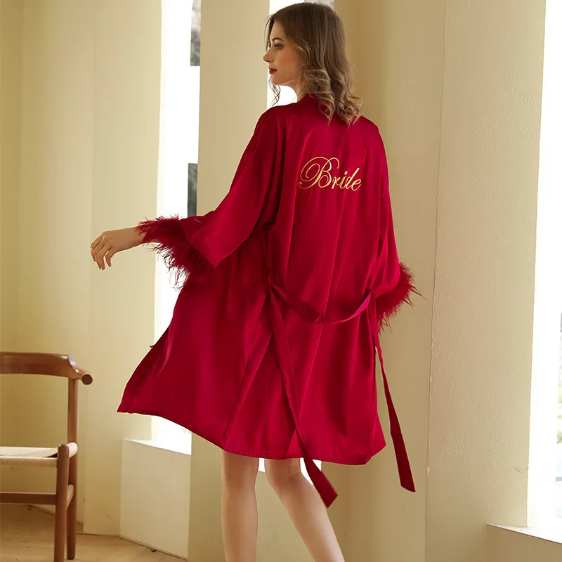 Kimono Bride Bridesmaid Robe Loungewear Wedding Bathrobe Gown Feather Women Embroidery Letter Sleepwear Short Satin Nightgown