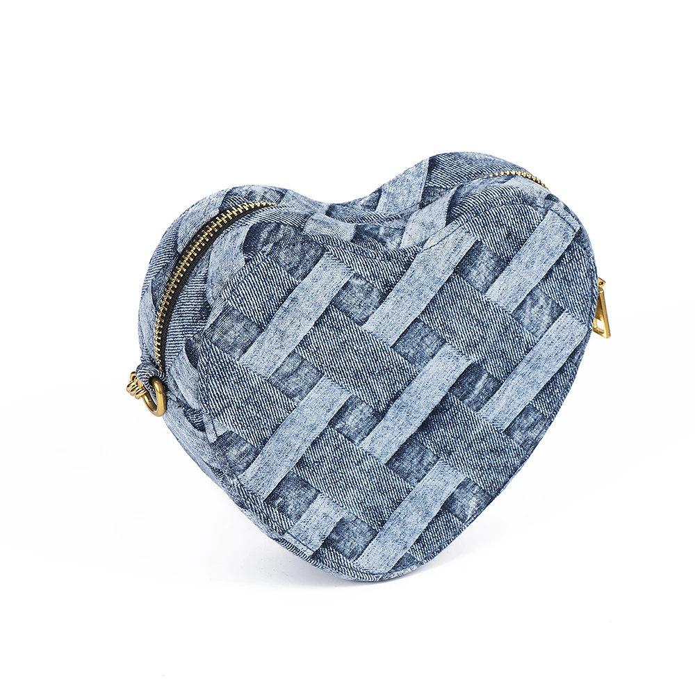 New Arrival Lady Heart Shaped Bag Wash Denim In Weave Print Purse Jointing Cross Body Bag Patchwork Mobile Phone Bag Leisure Bag