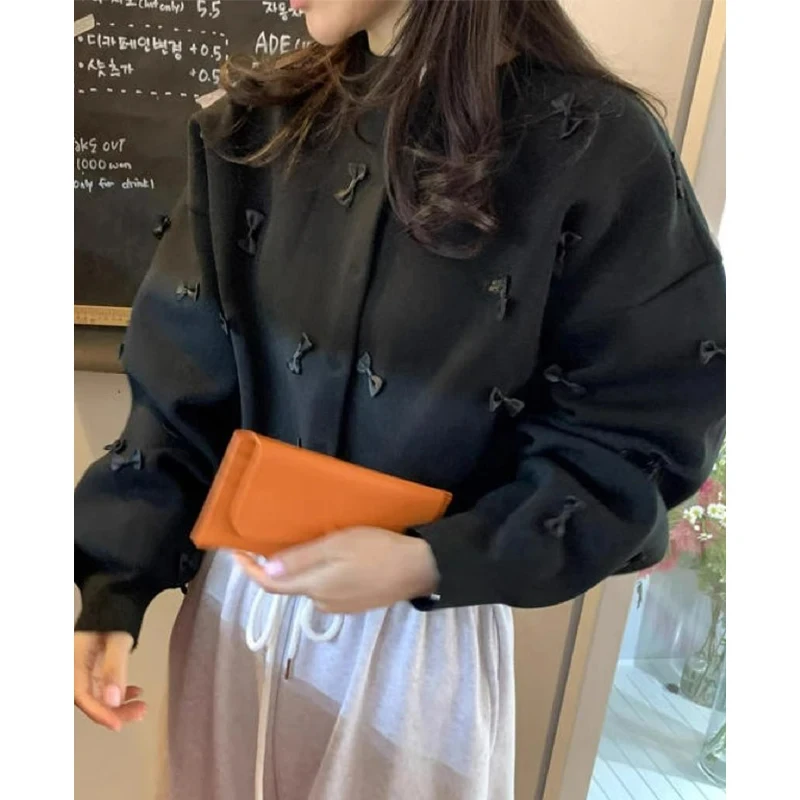 KUSAHIKI Korean Autumn Winter Elegant Round Neck Three-dimensional Bow Versatile Long Sleeved Knitted Sweater Jacket for Women