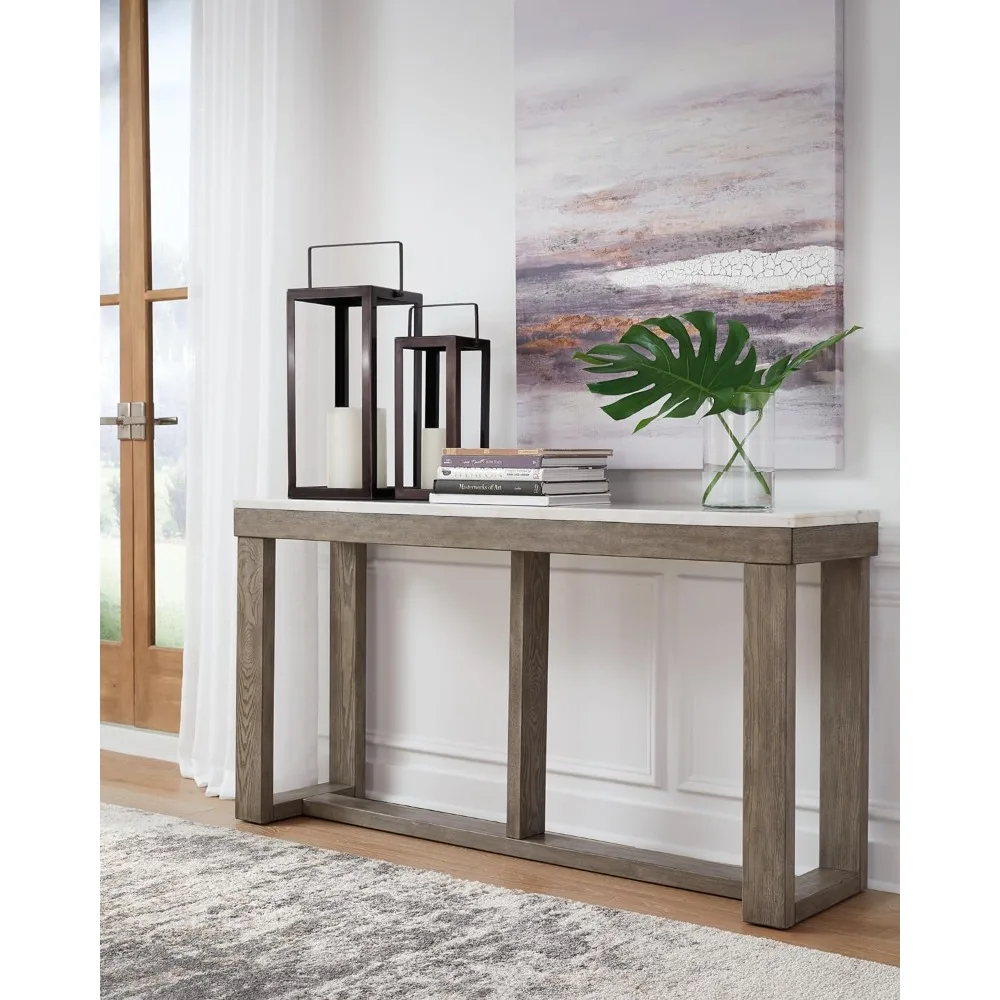 Loyaska Casual Sofa Table with Marble Top, Brown & White