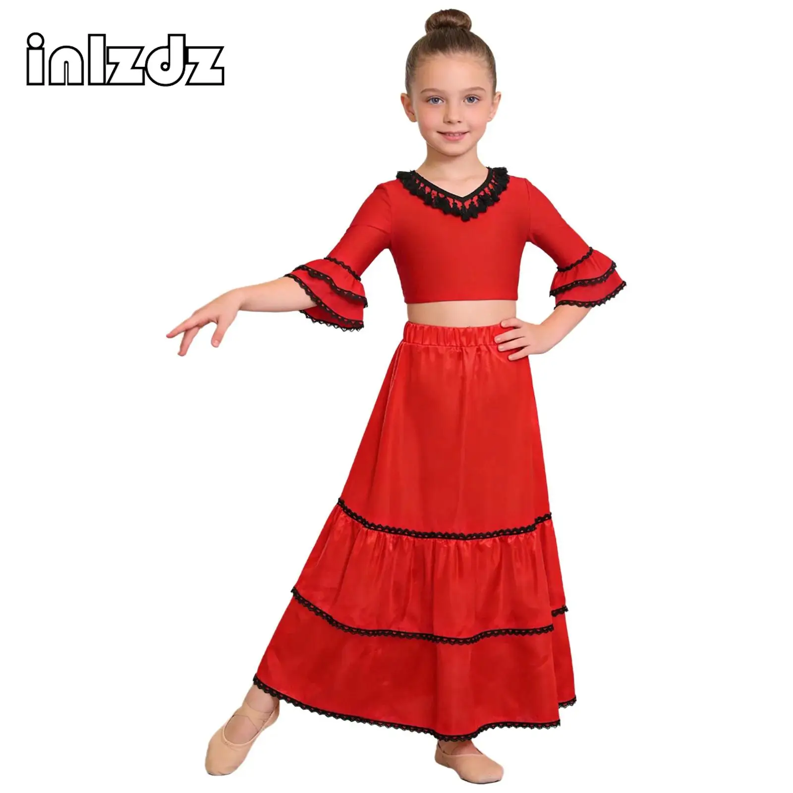 

Kids Girls Spanish Flamenco Dance Outfit Tassel Half Sleeves Crop Top with Satin Tiered Skirt for Stage Performance Competition
